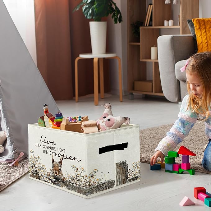Rustic Squirrel Storage Bins & Boxes with Handles, Farmhouse Squirrel Foldable Basket for Organizing, Live Like Someone Left the Gate Open Collapsible Storage Basket for Bedroom Bathroom Clothes