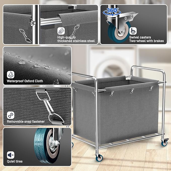 Commercial Laundry Cart with Wheels, 440 lbs Heavy Duty Industrial Laundry Cart with Sturdy Frame and Oxford Bag for Home Hotel Hospital, Rolling Laundry Cart for Home & Hotel, 400L(Grey)