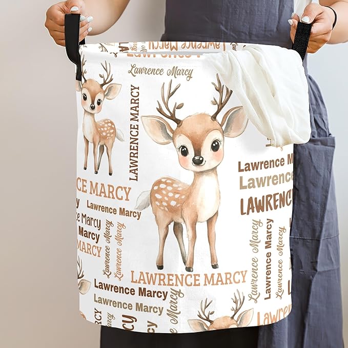 Large Custom Name Laundry Hamper, Deer Personalized Dirty Clothes Hamper Storage Basket with Name for Bathroom Bedrooms, Customized Name Circular Hamper with Handles for Baby Boys Girls Men Women