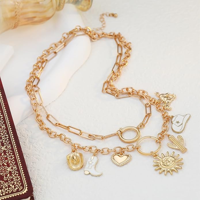 Chunky Gold Necklace for Women Gold Evil Eye Cowboy Pendant Necklace Dainty Paperclip Chain Vintage Luck Amulet Choker Necklaces Celestial Jewelry Gift