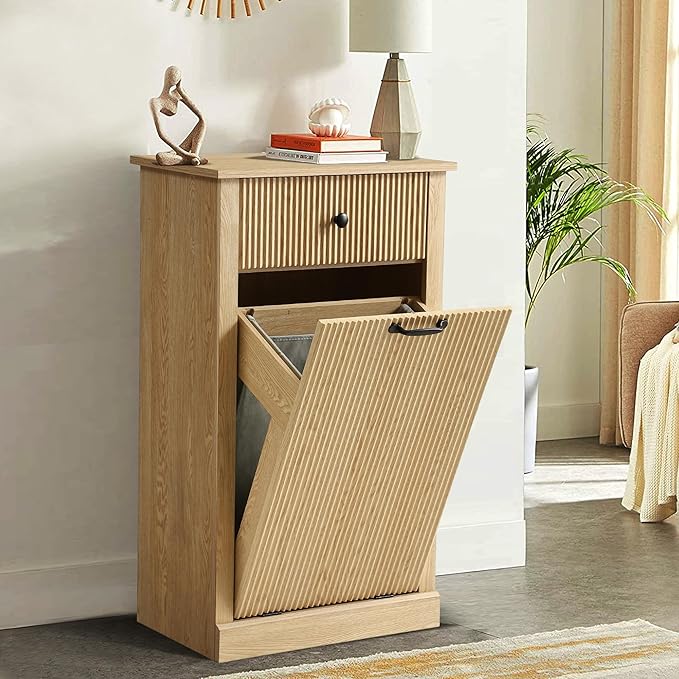 36" H Tilt Out Laundry Hamper Cabinet, Modern Fluted Trash Can Cabinets with Drawer, Wooden Hidden Garbage Cabinet for Kitchen and Bathroom (Natural Oak, Single)