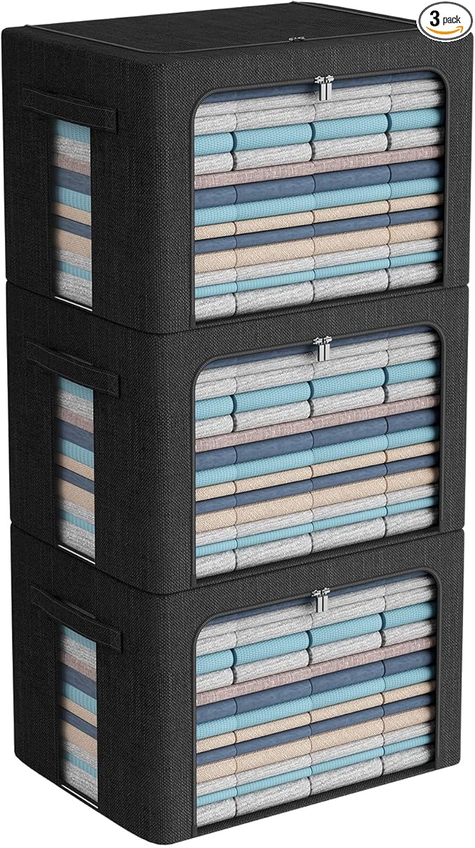 CYhom 3Pack Foldable Storage Bins - Frame Storage Box Linen Fabric Stackable Clothes Container Organizer with Clear Window & Carry Handles Large Capacity (Extra Large-100L, Black)