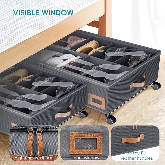 Under Bed Shoe Storage with Wheels, Set of 2, Fit 12 Pairs, Dorm Room Essentials, Shoe Organizer Under Bed Solution with Clear Window, Breathable, Shoe Organizer for Closet