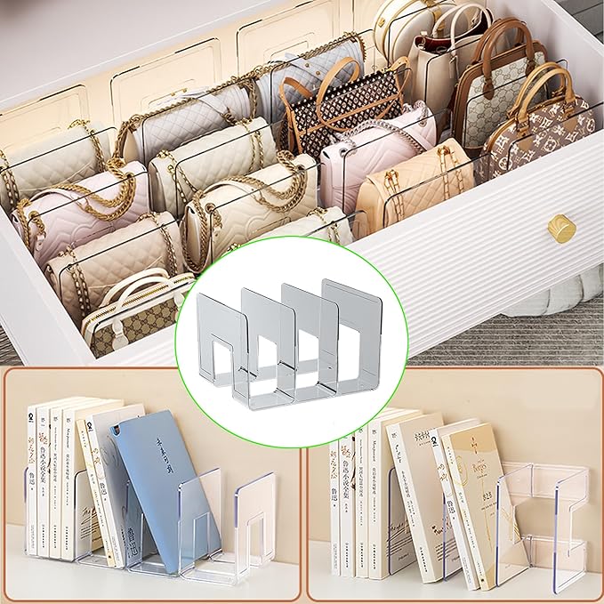 2 PCS Acrylic Purse Organizer for Closet, 8-Slot Bag & Purse Organizer, No Assembly, Clear Handbag Storage Shelf for Shelf Divider Handbags, Clothes, Sweater