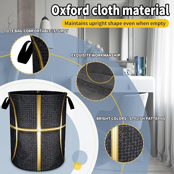 Black And Gold Basketball Laundry Basket Foldable Oxford Cloth Funny Tote Bag Laundry Hamper Clothes Storage Bucket Toy Organizer For Bathroom/Laundry Storage/Bedroom 18.9x16.5 Inch