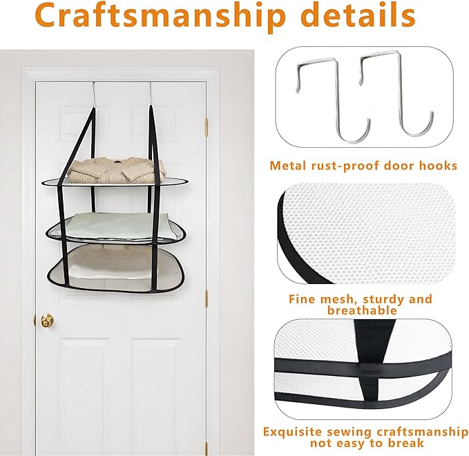SAMJANE Sweater Drying Rack Hanging – Lay-Flat Warp-Knit Airflow Mesh for Delicates, 3-Tier Foldable Space-Saving Door-Hanging Design for Fast Drying & No Deformation in Small Spaces (Black- 3 Pack)