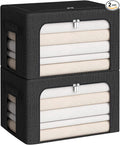 CYhom Clothes Storage Bins Box - Linen Fabric Foldable Stackable Container Organizer Set with Clear Window & Carry Handles & Metal Frame (Black, Medium-36L)