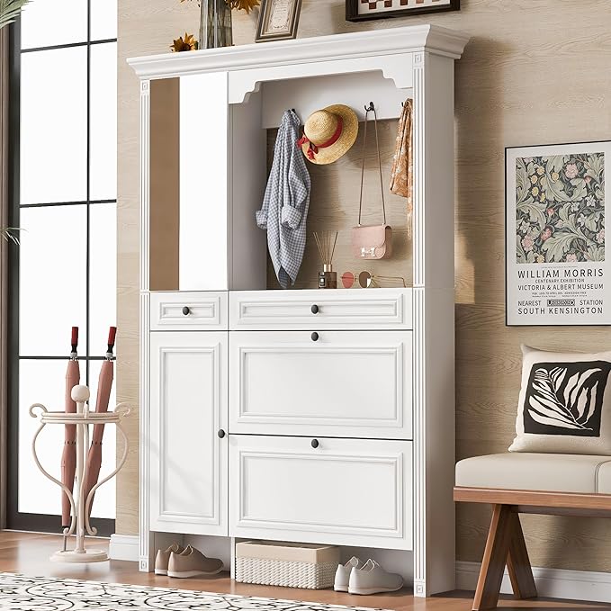 54.7'' Hall Tree with Integrated Shoe Cabinet and Mirrored Cabinet Door, 4-in-1 Design Entryway Coat Hanger with 2 Flip Drawers, 4 Hooks and 2 Cabinets for Entrance Living Room