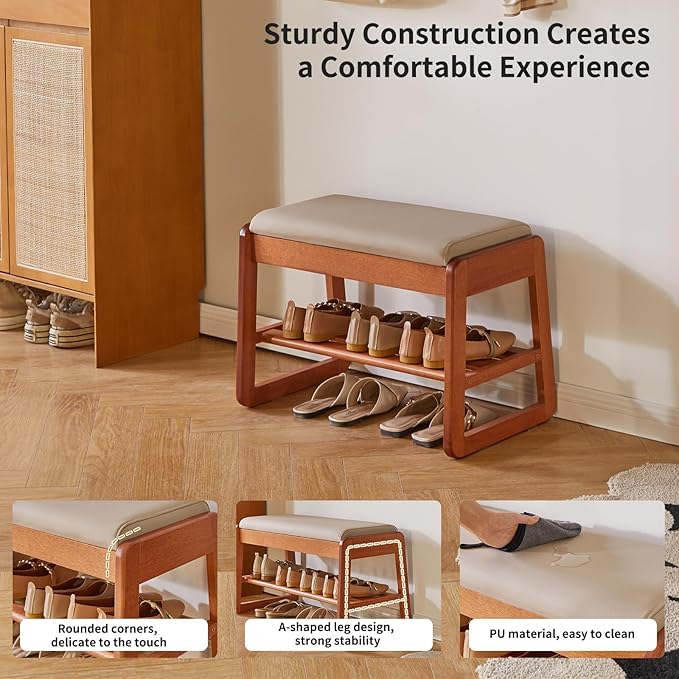 Wood Shoe Bench with Flip-Top Storage, 2-Tier Entryway Shoe Bench, 23.62in Shoe Rack with Cushion for Living Room, Cherry Wood Color YD-WD060C