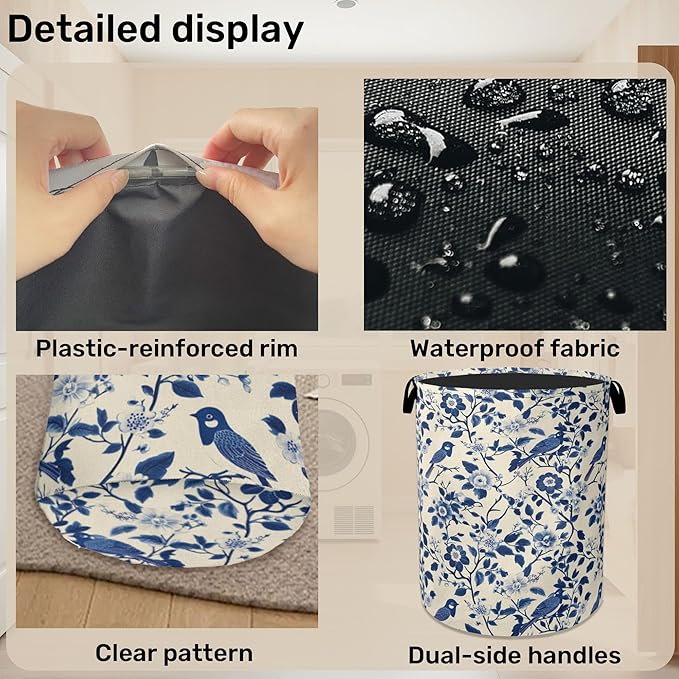 Navy Blue Beige Birds Laundry Basket - Heavy Duty 60L Dirty Clothes Organizer, Water Resistant Foldable Hamper for Men Women