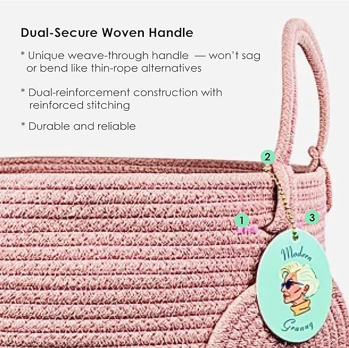 Modern Granny Medium Cotton Rope Laundry Hamper 14x16 Inch Dual Secure Woven Handle for Living Room Closet Clothes Blanket Organization