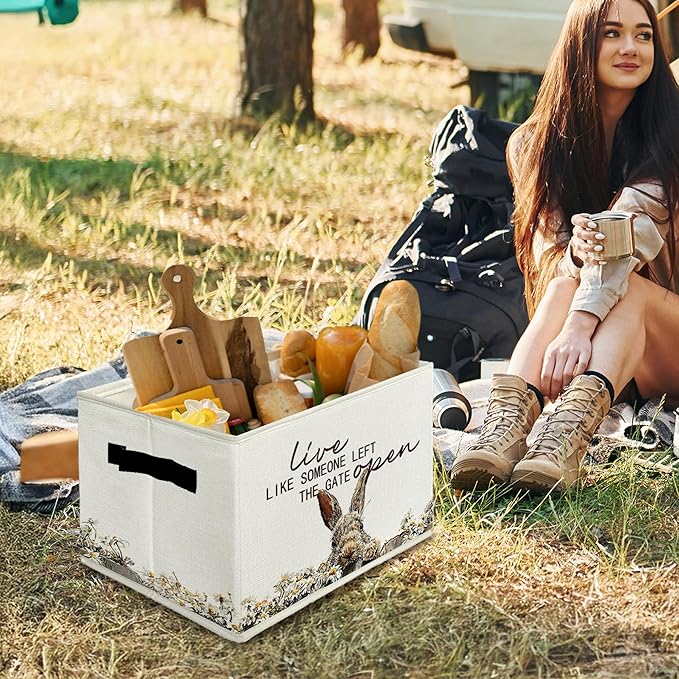 Rustic Bunny Storage Bins & Boxes with Handles, Farmhouse Rabbit Foldable Basket for Organizing, Live Like Someone Left the Gate Open Collapsible Storage Basket for Bedroom Bathroom Clothes Toys
