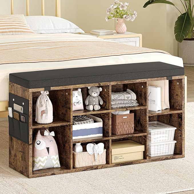 IDEALHOUSE Shoe Storage Bench with Cushion, 10 Cubbies Storage Rack Bench with Padded Seat, 41" Cubby Seat Shoe Cabinet with Adjustable Shelf for Entryway Hallway Living Room, Rustic Brown