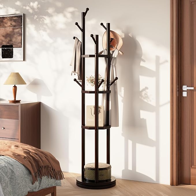 Solid Wood Coat Rack Freestanding, Rotating Coat Rack with 3 Shelves and 9 Hooks, Coat Tree for Bedroom, Entryway, Livingroom, Coat Hanger Stand for Coats, Scarves, Handbags (Brown)