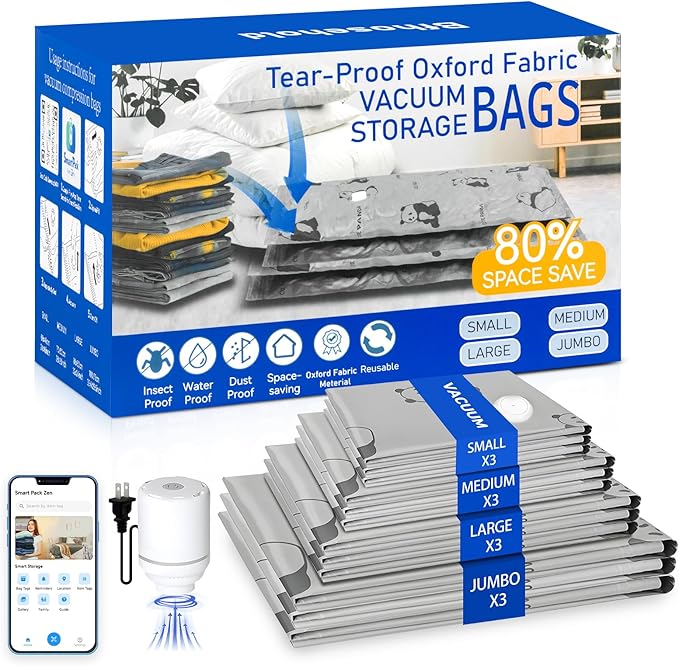 Heavy Duty Space Saver Vacuum Storage Bags with Pump & Smart Storage App, Reusable Oxford Fabric Vacuum Seal Bags for Bedding, Clothing, Blankets, Comforters & Travel Luggage(12 Pack)