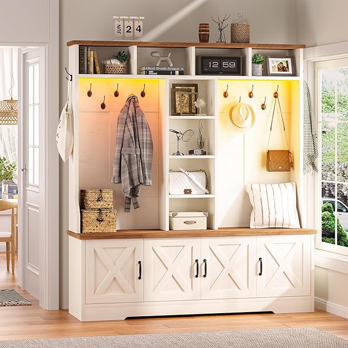 Hall Tree with Bench and Shoe Storage, Farmhouse Entryway Bench with Coat Racks and Led Lights, Large Hall Tree with 12 Coat Hooks, 8 Storage Cubbies, Adjustable Shelf