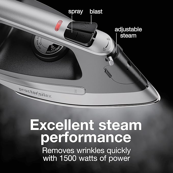 Proctor Silex Steam Iron for Clothes with Durable Stainless Steel Soleplate, 1500 Watts, 8’ Retractable Cord, 3-Way Auto Shutoff, Anti-Drip, Gray and Black (14250) (Pack of 2)