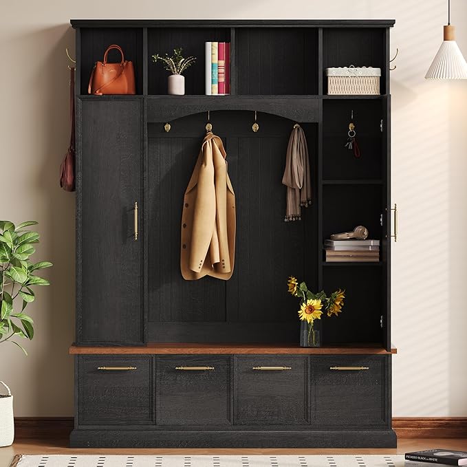 Versatile Hall Tree with Golden Hooks and 2 Doors, 5-in-1 Wood Coat Rack Entryway Shoe Cabinet with Bench& Adjustable Shelves, Functional 59'' Wide Hall Tree for Entrance Hallway (Black-8.2)