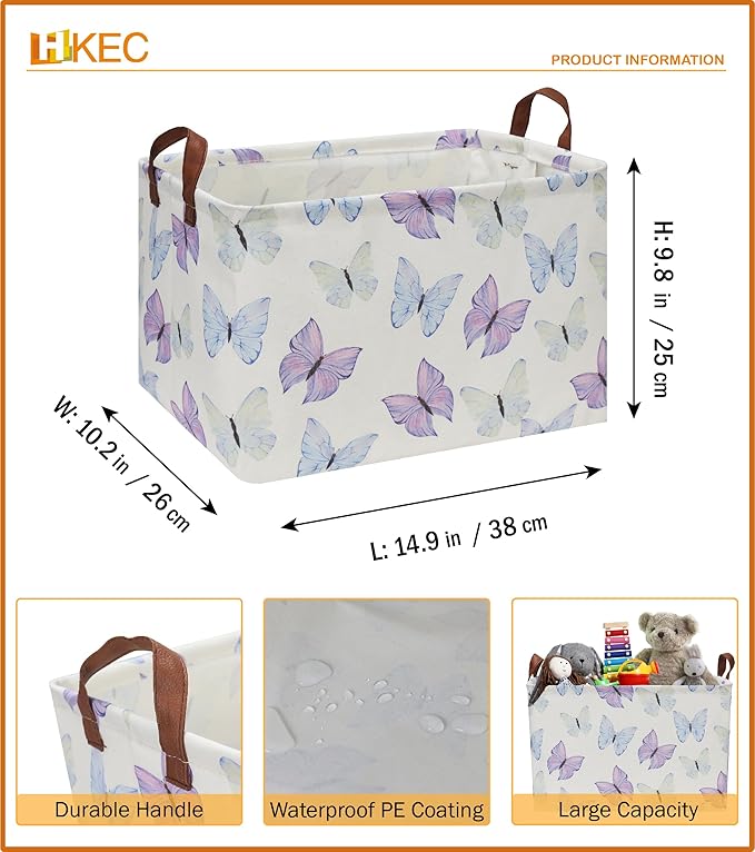 Rectangle Storage Basket with Handles, Collapsible Toys Bin, Books Box,Gift Basket(Blue & Purple Butterfly)