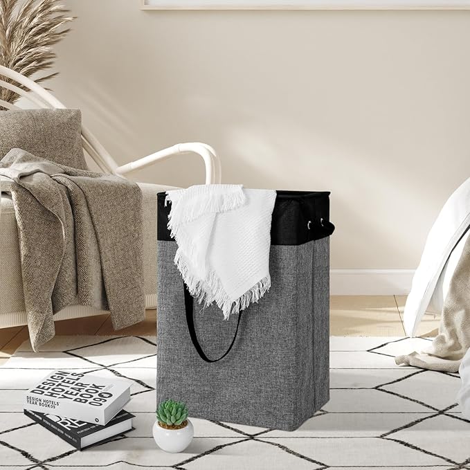 Stero Fabric Laundry Hamper, 75L Large Laundry Basket with Handles, Collapsible Dirty Clothes Hamper for Laundry Dorm, Bedroom, Bathroom, Black&Gray