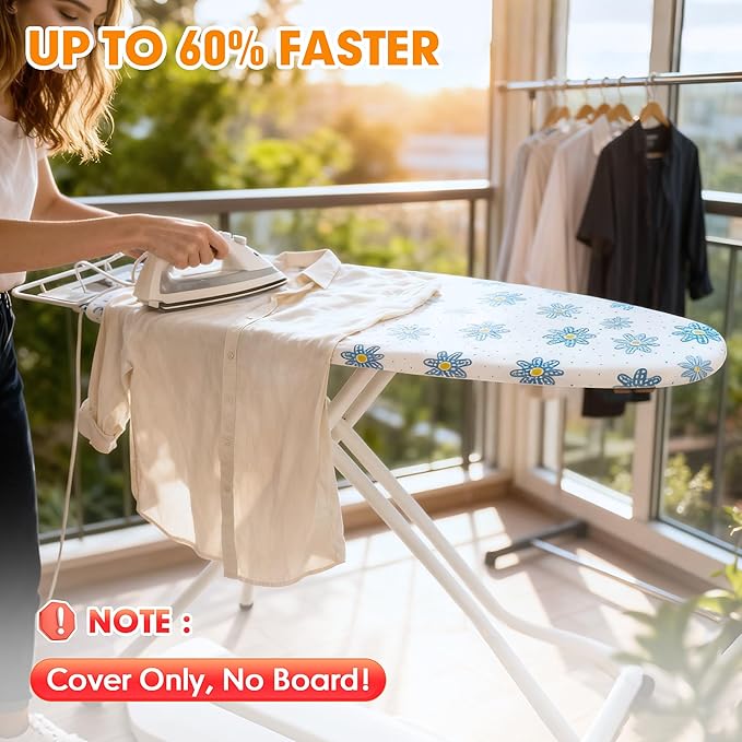 Ironing Board Cover and Pad, 18x49 Extra Wide Thick Iron Padding, Scorch & Stain Resistant Ironing board cover, Heavy Duty Iron Board Padded with Adjustable Fasteners Durable Elastic Edge, Daisy