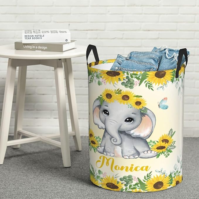Personalized Elephant Laundry Basket For Baby Kids Boys Girls Adult Custom Hamper Basket With Name For Bathroom Bedrooms Collapsible Baby Laundry Basket, Dirty Clothes Hamper With Handles
