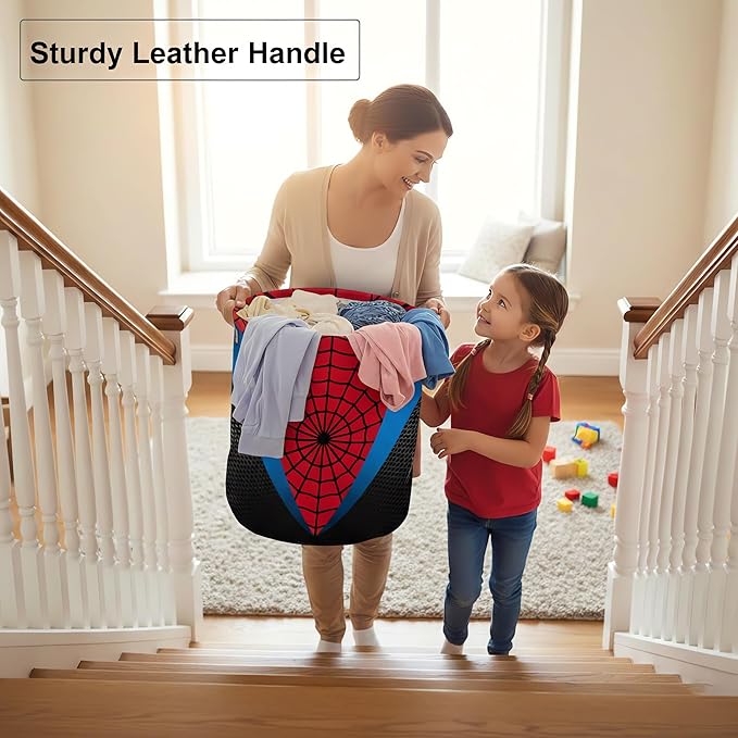 Large Laundry Basket Hamper - Red Blue Spider Web 62L Collapsible Storage Bin for Blankets,Kids Toys, Dirty Clothes, Tall Baby Nursery Hamper for Bathroom, Boys Bedroom Decor,Gift Basket