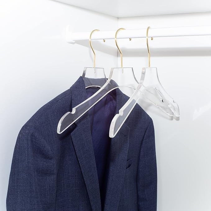 HomeCube USA Clear Acrylic Clothes Hanger with Gold Hooks – Heavy Duty Lucite Closet Organizer, Elegant & Sturdy for Shirts, Dresses, Coats, Suits & Boutique Use (10, Medium 15")