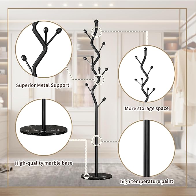68.9 Inch Tall Modern coat Rack,Black Freestanding coat Rack Tree,Heavy-Duty Metal Coat Rack Stand with Sturdy Marble Base for Entryway,Hallway,Bedroom,Holds Coats Hats Bags Scarves