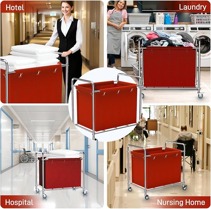Commercial Laundry Cart with Wheels, 440 lbs Heavy Duty Industrial Laundry Cart with Sturdy Frame and Oxford Bag for Home Hotel Hospital, Rolling Laundry Cart for Home & Hotel, 400L(Red)