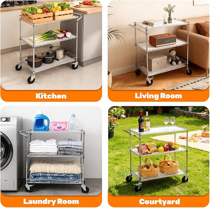 3-Tier Rolling Utility Cart 30" D x 18" W x 35" H Heavy Duty Carbon Steel Storage Cart with Adjustable Shelves PP Panels Locking Casters for Kitchen Bathroom Office