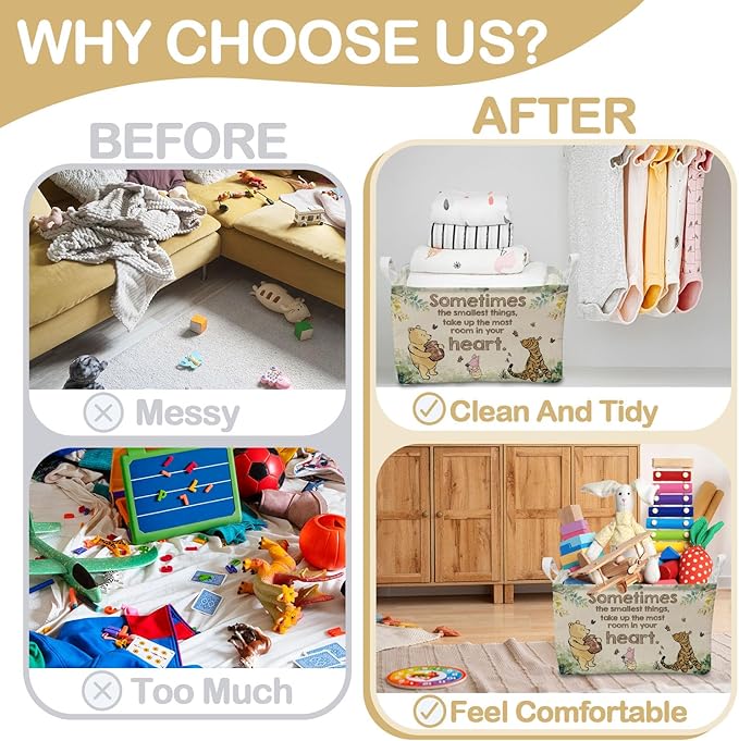 Vintage Winnie Nursery Hampers with Handles, the Pooh Storage Basket Decor, Winnie Baby Nursery Hamper Decor, Foldable Canvas for Bathroom and Bedroom SetClothes,Toys Bin
