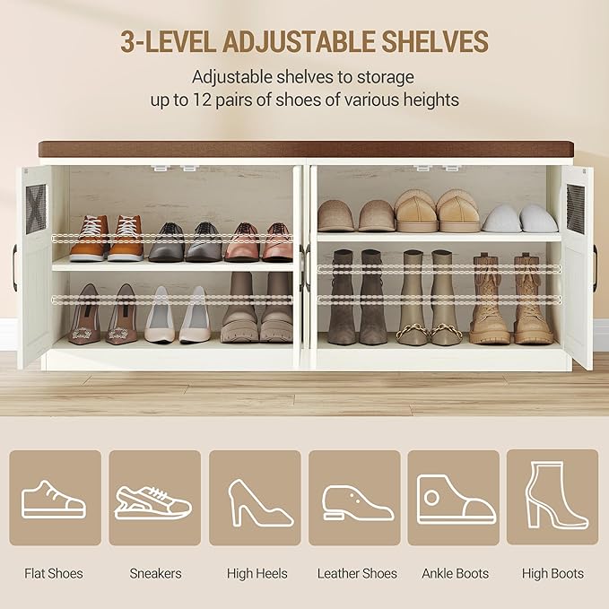 2 Tier Shoe Storage Bench with Doors, 47.2" Farmhouse Shoe Bench with Padded Cushion, 12 Pairs of Bed End Bench, Entryway Bench with Storage for Bedroom, Living Room, Rustic White SB61214KA