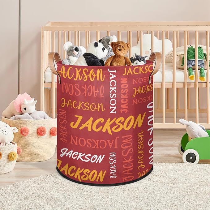 Custom Name Large Laundry-Basket for Kids-Boys-Girls, Personalized Foldable Waterproof Laundry Hamper Dirty Clothes Toys Storage Bin with Handles,Red