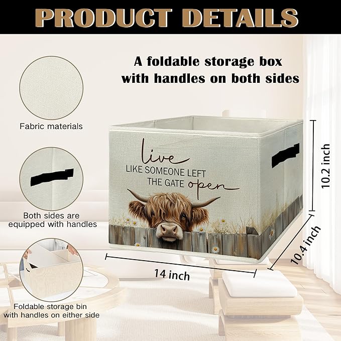 Highland Cow Storage Bins & Boxes with Handles, Western Highland Cow Foldable Basket for Organizing, Farmhouse Rustic Collapsible Storage Basket for Bedroom Room Bathroom Clothes Toys Books
