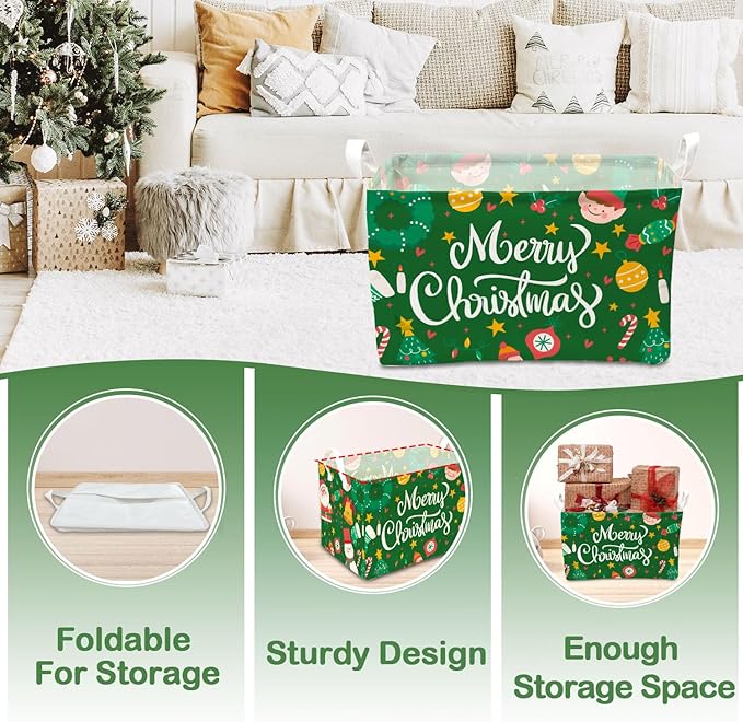 1 Pcs Merry Christmas Storage Basket, Santa Claus Storage Bins, Green Themed Foldable Storage Boxes, Christmas Boxes for Nursery Toy and Costume, Xmas Party Decoration Gifts