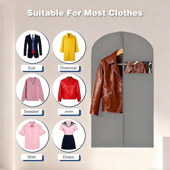 Garment Bag for Storage, Travel, and Dustproof, 40, 48, 60 inches Long, Washable Suit Cover for T-shirts, jackets, suits, and coats, non-woven (gray, 24" x 40"-3pcs)