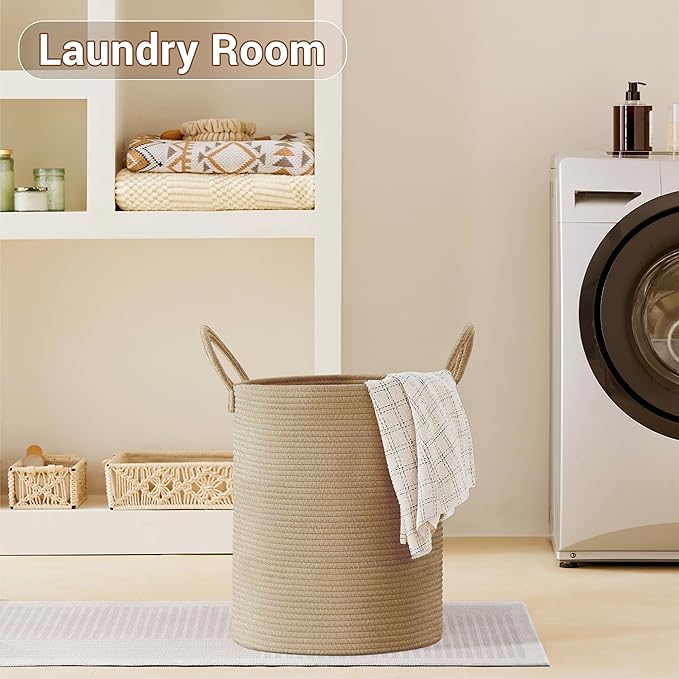 Tall Laundry Basket with Handles, 53L Portable Dirty Clothes Hamper, Boho Cotton Rope Storage Bin for Blankets Kids Toys Gifts, Decorative Organizer for Baby Nursery Bedroom Bathroom, Jute