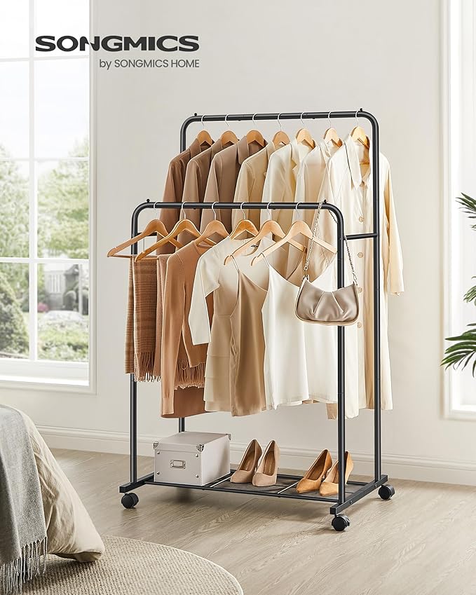 SONGMICS Double Rods Clothes Rack with Wheels, Clothing Rack for Hanging Clothes, Heavy Duty Garment Rack with Mesh Storage Shelf, 2 Brakes, Each Top Rail Holds up to 77 lb, Black UHSR26BKV1