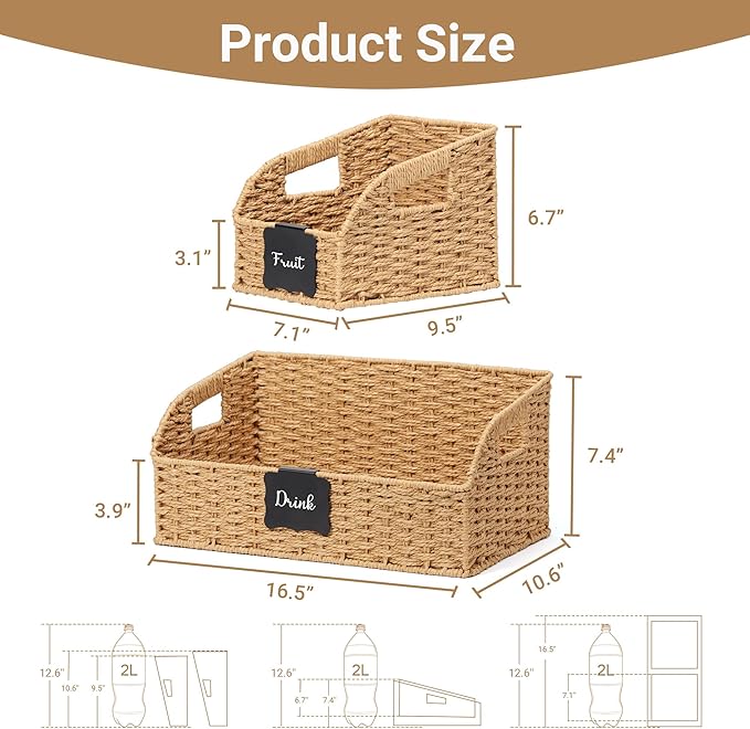 Wicker Baskets for Organizing,Pantry, Kitchen Counter with Handles, Handwoven Woven Storage Baskets for Fruit, Bread, Vegetable, Paper Storage Bins for Shelves, 3 Pack, Natural