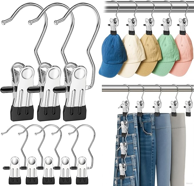Myfolrena Hanger Clips for Hanging Heavy Duty Clothes Hooks Clips 18pc Clothes Pins for Closet,Clips with Hooks Metal Laudry Hooks for Pants,Boot,Hat,Leggings,Jeans,Shoes