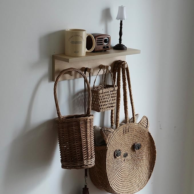Entrance Coat Rack ，Coat Hooks, Wall-Mounted Wooden Hook Rack, Wall-Mounted Shelves are Very Suitable (Birch Color Finish—A-1)