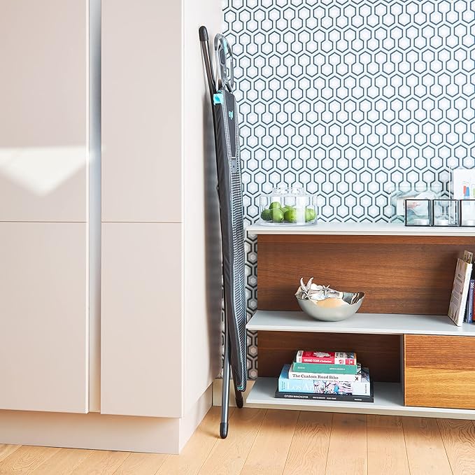 Minky Ergo Prozone Ironing Board | Made in UK | Dual Iron Rest, Heat Reflective Cover, Thick Felt Underlay - Freestanding Ironing Board with Large 48" x 15" Ironing Surface (Gunmetal and Blue)