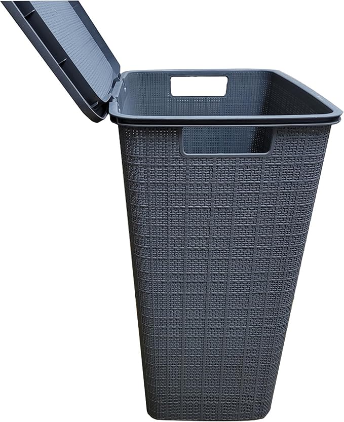 YBM Home Plastic Rattan Laundry Hamper Basket with Hinged Lid, Ventilation Holes, Durable, Lightweight Bin With Cutout Handles, Storage Dirty Clothes, Space Saver, 16.75" x 13.5" x 23.75", Grey,3-Pack
