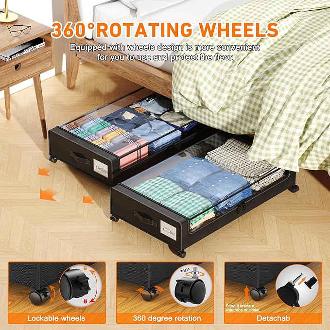 Under Bed Storage with Wheels, 2-Pack Under Bed Storage Containers with Clear Lids, XXL 60L Under the bed storage Organizer Bins, Rolling Under Bed Metal Drawer for Clothes,Shoes,Toys (Black, 2 Pack)
