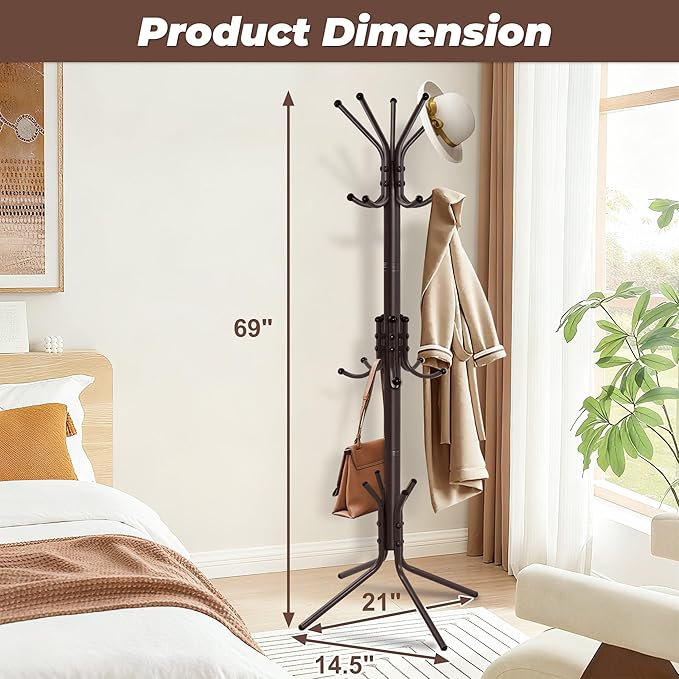 Metal Coat Rack, Freestanding Coat Tree & Hall Tree with 15 Hooks, Sturdy Coat Rack Stand and Hat Rack, Coat Hanger for Entryway, Bedroom, Office for Jackets, Hats, Bags,Brown