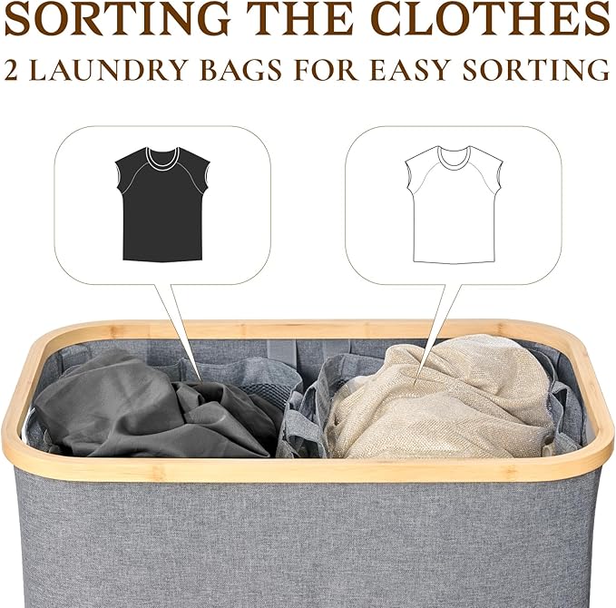 140L Foldable Laundry Baskest with Lid, 2 Section Extra-large Laundry Hamper with Removable Bags and Bamboo Handles for Bathroom, Bedroom & Laundry Room, Grey