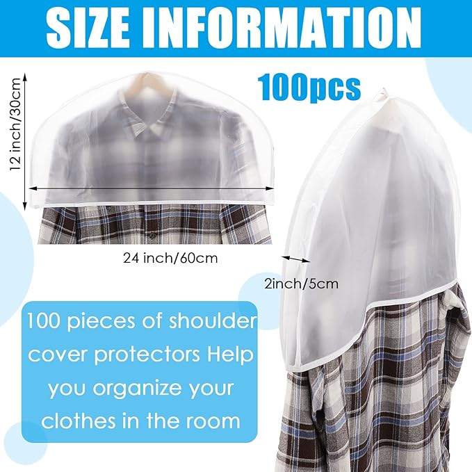 Patelai 100 Pcs 2" Gusseted Shoulder Covers for Hanging Clothes 24" Length x 12" High Plastic Garment Dust Covers Protectors for Closet Storage Suit, Coats, Jackets, Dress Closet Storage(Translucent)