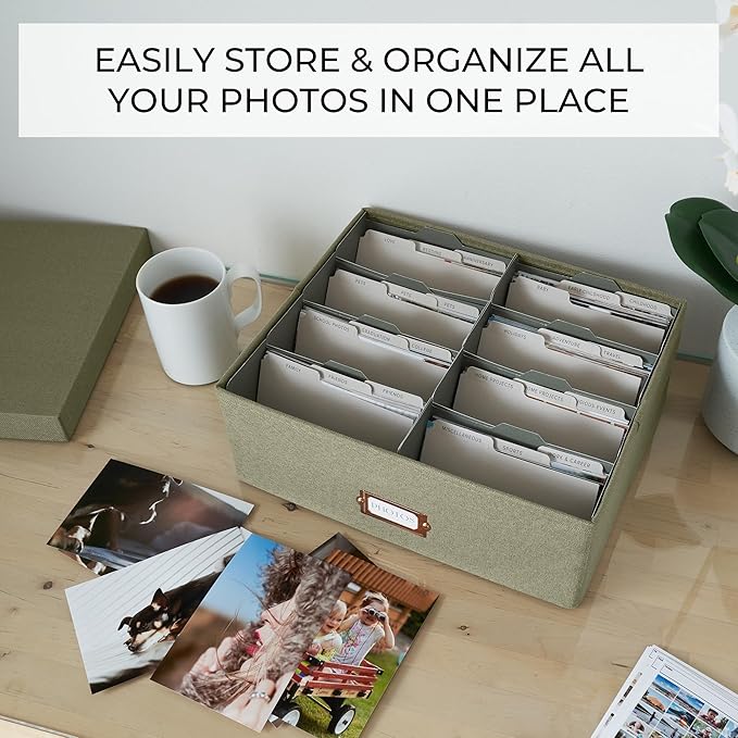 ZICOTO Decorative Photo Storage Box - Sturdy Linen Photo Organizer with Dividers is Perfect to Store Up to 1700 Pictures and 4x6 Photos - Portable Scrapbook Storage Containers with Lid