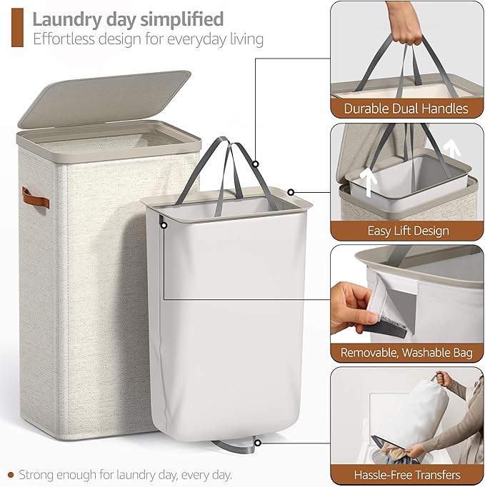 Sorbus Laundry Hamper with Lid – Collapsible Fabric Laundry Basket with Handles and Removable Laundry Bag – 26.5 Gallon (100 L) Dirty Clothes Hamper for Bedroom, bathroom and dorm - 2 Pack (Beige)